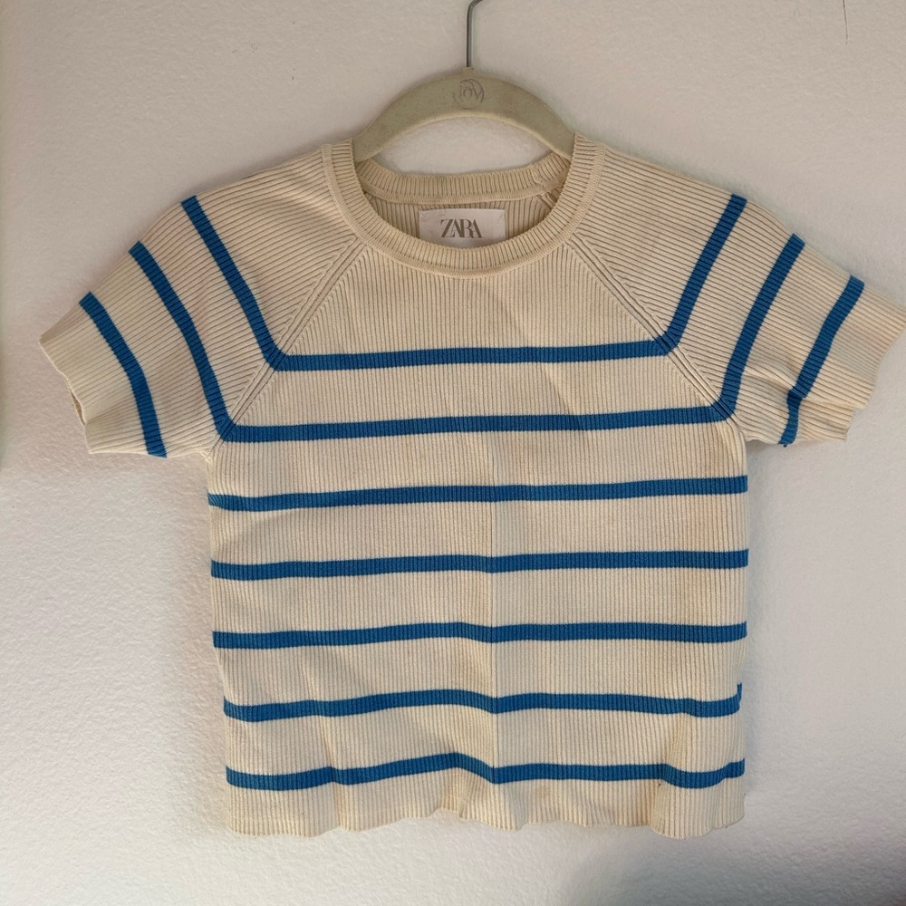 Zara Kids Short Sleeve Cream and Blue Tee